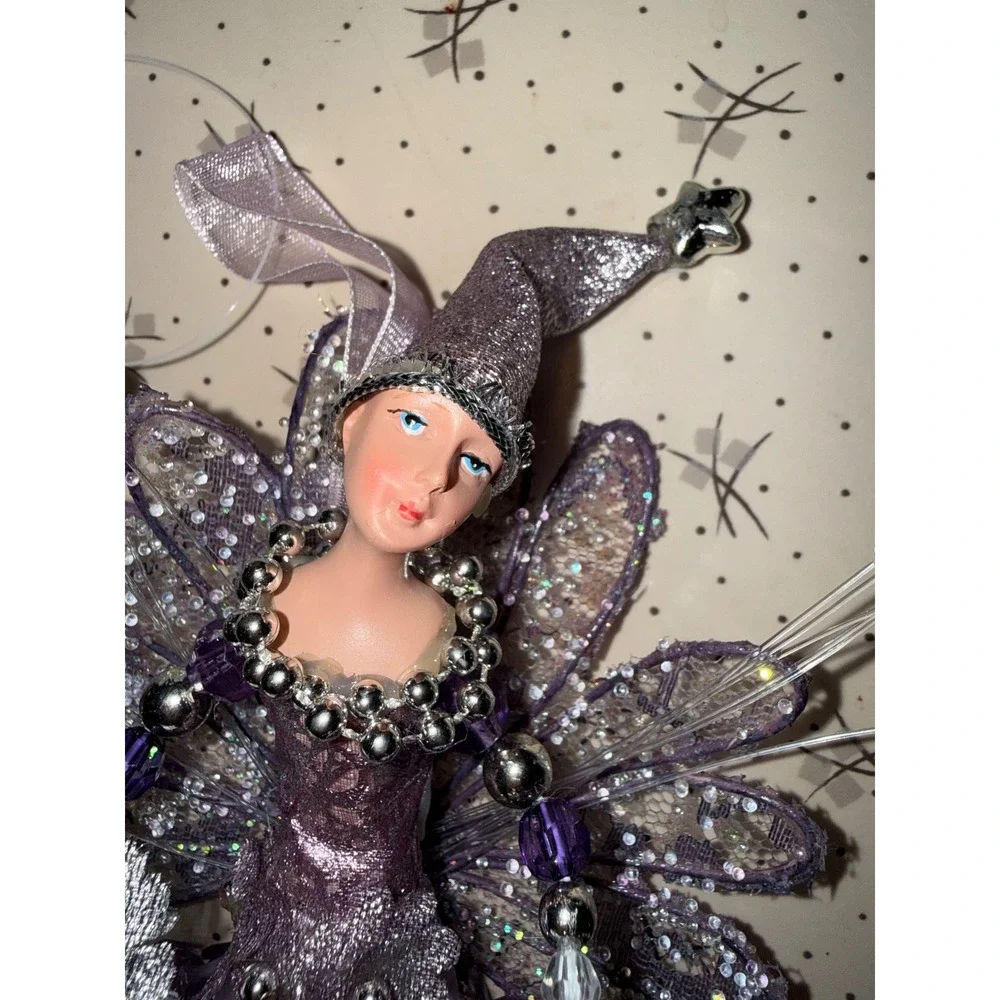 Purple Fairy Jester Ornament Beaded Glitter Wings Fantasy Holiday Decor Silver